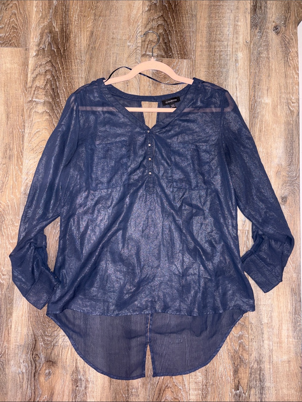 le chateau Sheer Navy V-Neck Long Sleeve Blouse